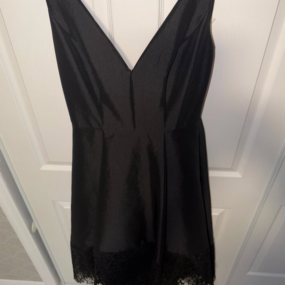 BETSY & ADAM Taffeta High-low Dress with Floral Lace Hem - Picture 12 of 13